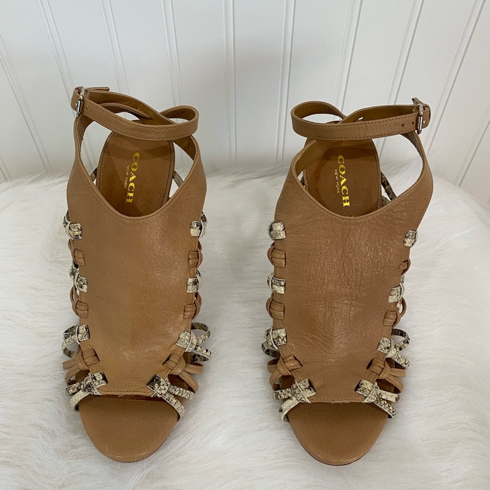 Authentic Tan/ Neutral Coach Heels with faux snake skin design on side.